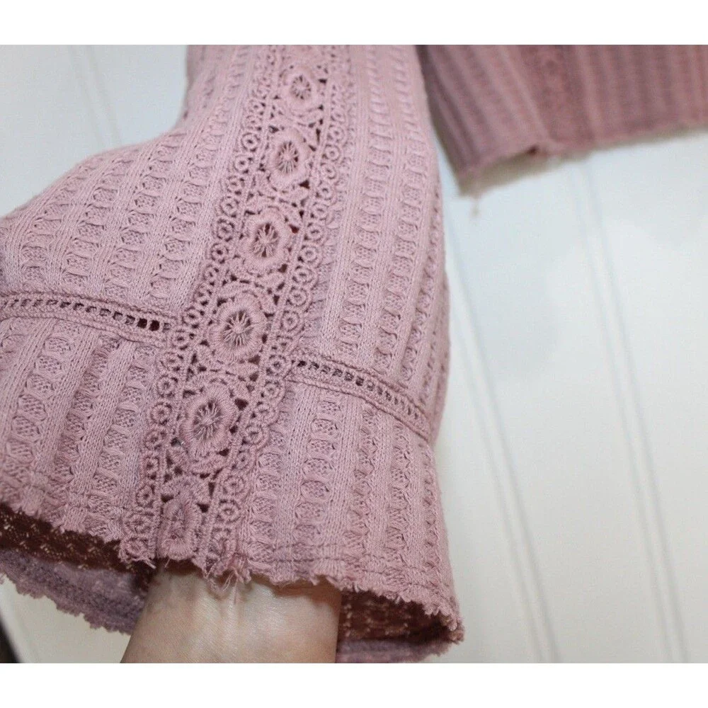 Free People Womens Waffle Knit Lace Crop Top Pink Boho‎ Long Sleeve Textured S